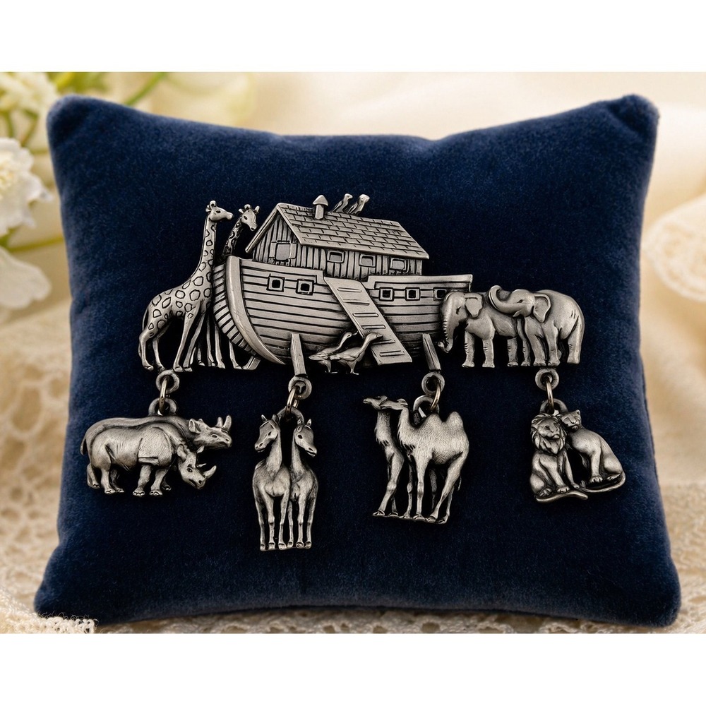 JJ Noahs Ark Brooch‎ Silver Pewter Vintage Dangle Animal Pin Novelty Christian